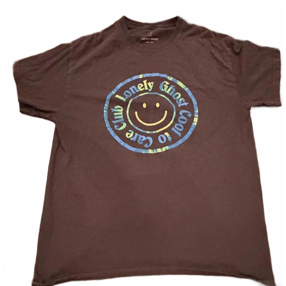 Lonely Ghost Brown Graphic T-Shirt with Smiley Face and 'It's Cool to Care' Text